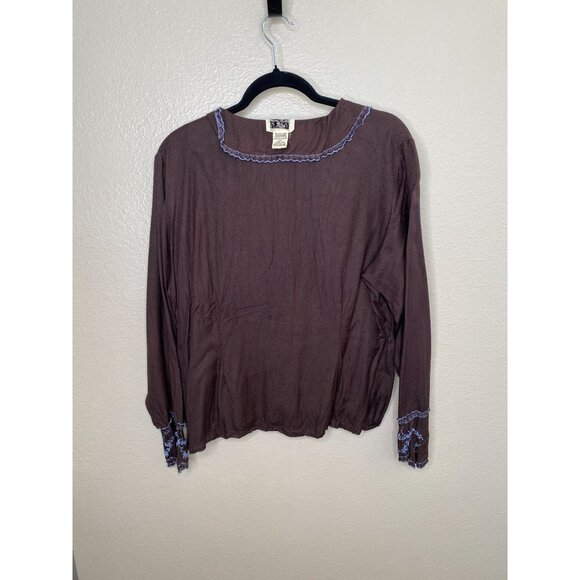 Vintage April Cornell Womens Brown Blouse L Long Sleeve Button-Up rayon - Picture 2 of 5